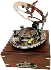 [US HANDICRAFTS] Brass Nautical Gift Ideas for Men Xmas 5 Inch Perfectly Calibrated Large Sundial Compass Rosewood Case Top Grade Engraved Brass Sundial with Embossed Needle Brass Antique