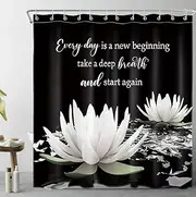 [SCECALA] Black and White Floral Shower Curtain with Water Lily & Inspirational Quotes - Zen Spa Bathroom Decor, Easy Care Polyester Fabric 70x70 Inch with Hooks