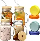 Mason Jars with Handle, Glass Mugs with Straws and Bamboo Lids & Colorful Airtig