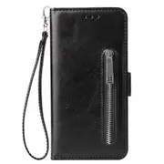 For Samsung S10 Solid Pu Leather Zipper Wallet Double Buckle Protective Case With Stand and Lanyard Black