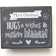 Merry Christmas Wood Sign Hugs & Wishes & Mistletoe Kisses Gray Home Decor Gift