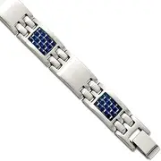 [JewelryWeb] Stainless Steel Fold over Brushed With Blue Carbon Fiber Bracelet 22 Centimeters 10.5mm Wide Link-Bracelet for Women