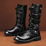 Men's Black Steampunk Motorcycle Boots with Buckle Straps and Rugged Non-Slip Sole - Ideal for Biker Fashion or Gothic Events