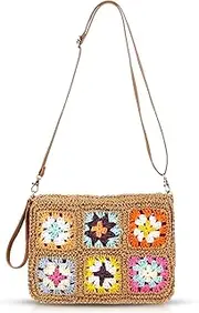 [QTKJ] Beach Bag for Women, Boho Straw Clutch Purse with Adjustable Leather Strap, Crossbody Suitable for Vacation Travel Daily, Khaki, One Size