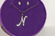 Women's Silver Tone Simulated Crystal Initial Necklace/Earring Set"N"Jewelry NIB
