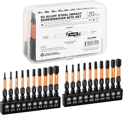 Impact Hex Head Allen Wrench Drill Bit Set 20Pcs (Metric&Sae), 1/4" Impact Hex S