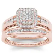 10K Rose Gold 1/3Ct Diamond Cluster Halo Bridal Ring Set