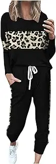 [SHOPESSA] Lounge Sets for Women 2 Piece Outfits Long Sleeve Leopard Patchwork Pants Set Long Sleeve Lounge Pants Set for Women, Black -, L, Black -, L