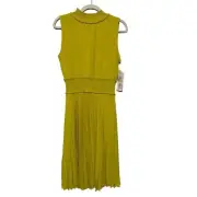 Nanette Lepore BWT Yellow Green Lemon Grass Pleated Fit Flare Midi Dress Size 8