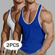 Men's Tank Top Vest Undershirt Sleeveless Shirt Sleeveless Deep V Scoop Neck Summer Color Block Plain Fashion Sporty Classic 2 Pack Street Casual Sports Green