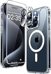 TAURI 5 in 1 for iPhone 15 Pro Case 6.1" with 2-Pack Screen Protector and Camera Lens Protector, Compatible with MagSafe, Military-Grade Protection, [Anti-Yellowing] Magnetic Phone Cover -Clear