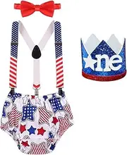 [IBTOM CASTLE] Baby Boy 1st Birthday Cake Smash Outfits Party Suspenders Diaper Nappy Cover Bow Tie Mouse Headband 4pcs Clothes Set