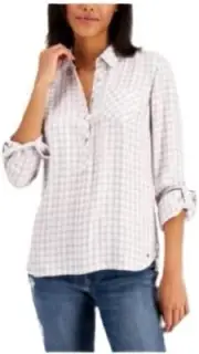 NEW WOMENS TOMMY HILFIGER MUTLI PLAID PULL OVER BUTTON BLOUSE SMALL