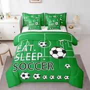 Feelyou Soccer 7 Piece Bedding Set Full Size Kids Boys Navy Blue Comforter Set with Sheets for Teens Toddler Ball Games Bed in a Bag Sports Theme Bed Set