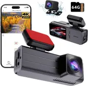 4K Dash Cam Front and Rear, 4K+1080P Dual Dash Camera for Cars with 64G Card，Wif