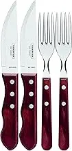 Tramontina Jumbo Steak Cutlery Set 4 Pieces with 2 Steak Knives and 2 Steak Forks, Stainless Steel, Wooden Handle, FSC (Red)