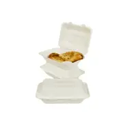 150 Ct. White Compostable Clam Shell Hinged Take Out Food Container 6 x 9 x 3