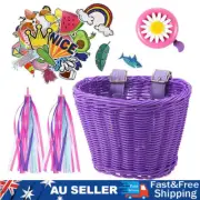 Kids Bicycle Basket Kit Front Handlebar Wicker Basket Streamers Bike Decorations