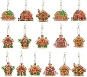 Syntego 16 Pcs 5D DIY Assorted Gingerbread House Christmas Diamond Art Keyrings by Numbers Acrylic Kit for Arts and Crafts