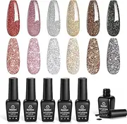 beetles Gel Polish Gel Polish Reflective Glitter Gel Nail Polish Set, 6 Colors Holographic Sparkle Glitter Gel, Flash Diamond Sliver Gold Black Red UV LED Soak Off Manicure Kit Valentine's Women Girls