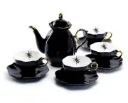 Potter's Studio Black Gold Scallop Teapot + 4 Spider Tea Cup and Saucer Sets