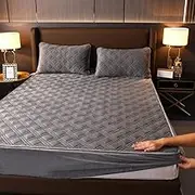 Bed Encasement,Pure Color Crystal Velvet Fitted Sheet Pillowcase, Thickened Keep Warm Mattress Protector for 12"/30cm Deep Mattresses,Checkered Grey,200 * 200 Cm (3pcs)