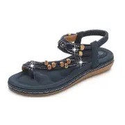 Nevenka Bohemian Beaded Sandals for Women Summer Clip Toe T-Strap Flats-Blue