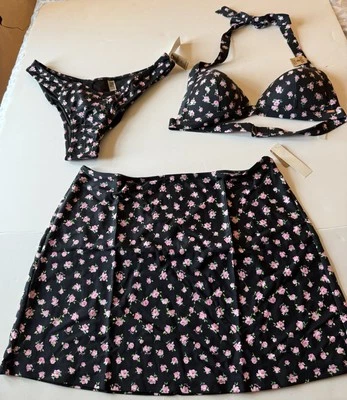 Victoria's Secret Swim NWT L Black Triangle Top Bikini Bottom & Skirt Floral Set