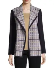 Misook Grid Navy Blue Saddle White Color-Block Check Pattern Print Knit Jacket L