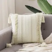 Decorative Throw Pillow Cover Tribal Boho Woven Tufted Lumbar Pillowcase Soft Cushion Set of 2 (Inserts + Pillow Covers,Cream White )