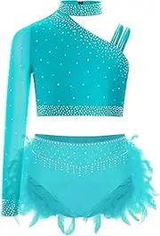 [Linjinx] Kids Girls Ballet Dance Clothing Sets Rhinestones One Sleeve Crop Top with Feather Briefs for Jazz Hip Hop