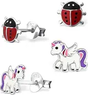 [Goldene Hufeisen] G-H 2 Pairs of Stud Earrings Small Ladybird + Pegasus Unicorn Set 925 Sterling Silver Girls Children Earrings Enamel, Enamel, Without Stone