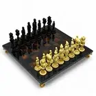 Set Chess Decorated IN Marble Ochre & Mahogany & Chessboard Agate Black Art 44cm