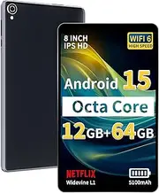 Topsand 2025 Android 15 Tablet 8 inch Tablet, Octa-Core Processor, 12GB RAM 64GB ROM 2TB Expandable, 1280 * 800 IPS HD Screen, WiFi6, BT5.4, Widevine L1, 5MP+8MP Dual Camera Tableta Black