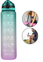 Water Bottle 1L Motivational Drink Flask With Time Markings Sport Gym - Green...