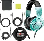 Audio Technica ATH-M50X Professional Studio Monitor Headphones Ice Blue Bundle w/Pig hog 25’ Extension Cable & Liquid Polishing Cloth with Detachable Cable