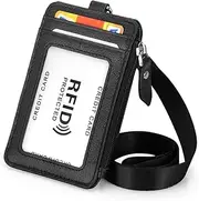 HAWEE Badge Holder with Zipper Genuine Leather RFID Keychain Wallet Neck Lanyards with Swivel Hook for Card/Coin/Cash, Black