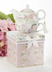 Delton Porcelain Tea for One Gift Set Stacked Teapot & Cup ROSE BIRD