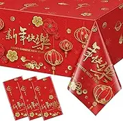 YIDAKO 3Pack Chinese New Year Plastic Tablecloth Disposable 2025 Happy New Year Party Table Cloth Rectangle Table Covers for Lunar Chinese Spring Festival Party Decorations and Supplies,54x108inch