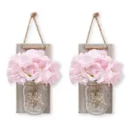 Hanging Mason Jar Wall Decor Sconce with LED Fairy Lights, Rustic Wood with B...