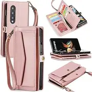 [DKDKSIP] for Samsung Galaxy Z Fold 4 Wallet Case for Women with 【S Pen Holder】, RFID Blocking Card Holder, PU Leather Flip Phone Case with Crossbody Strap Wristlet Kickstand for Galaxy Z Fold 4, Pink