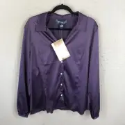 Susan Graver Top Womens XL Purple Satin Tunic Sparkle Buttons Dressy NEW