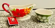 Pioneer Woman 13.5 oz. Gravy Boat Poinsettia & Happiness Green 7 oz. Ramekin Set