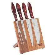 5pc Tramontina Red Polywood Churrasco BBQ Tool Set Magnetic Block Fork & Knives