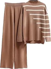 [Generic] Women Winter Striped Knitted Sweater Loose Casual Wide Leg Pants Fashion Two Piece Set