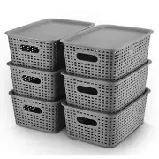 6 Pack Storage Baskets Bins Plastic With Lid Organizing Container Lidded Knit