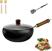 Japanese Forged Iron Pan, High-Sided Hand-Forged Non-Stick Double Iron Pan with Wooden Lid, Suitable for Induction Cooker, Gas Stove (24cm+Glass Cover)