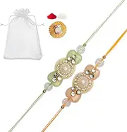 [Tarini Gallery] Set of 2 Rakhi for Brother Bhabhi Bhatija Bhaiya Bhai Raksha Bandhan gift Rakhi Thread Rakhi with Roli Chawal and Greeting card gift pack in pouch/Potli bag