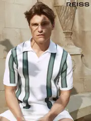 Reiss | Che White/Sage Ricco Open Collar Striped Polo T-Shirt (U65544) | $240