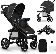 [Lionelo] Annet Plus Buggy up to 22 kg with Reclining Function, Pram Small Foldable with Accessories, EVA Foam Wheels, Mosquito Net, Footblanket Drink Holder, Basket